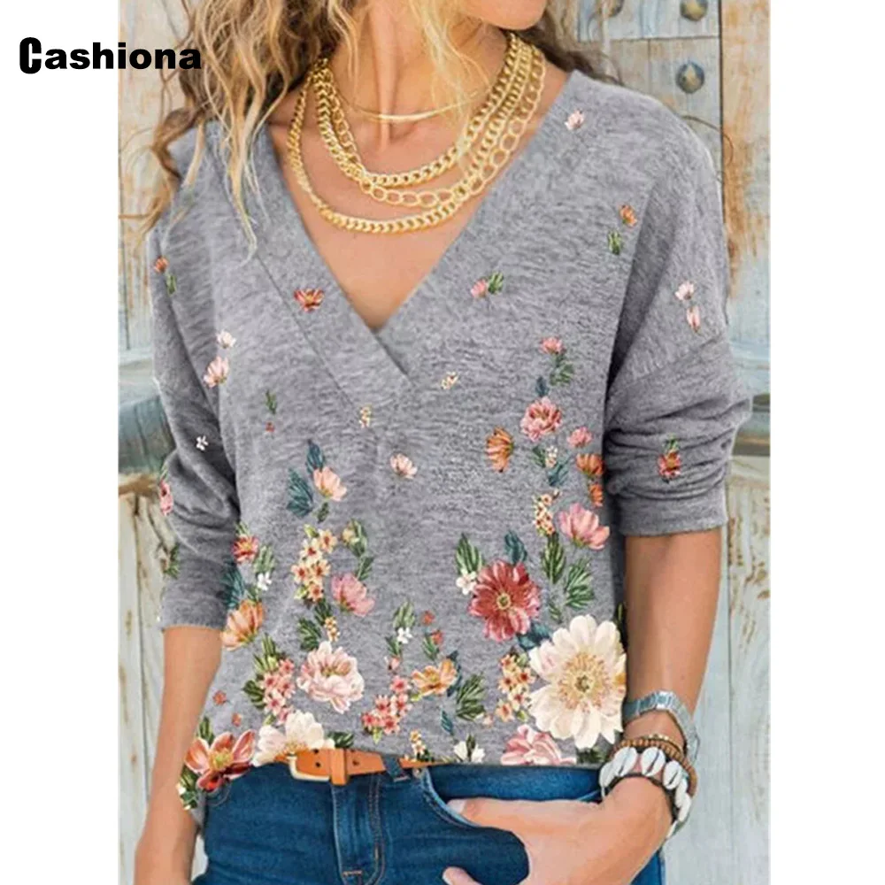 

Plus size 4xl 5xl Model Women's Top Elegant Leisure Casual T-shirt Long Sleeve V-neck Flower Print Femme Autumn Loose Tees shirt