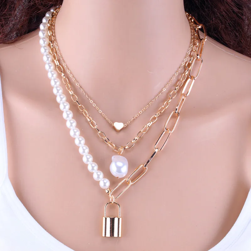 

AE-CANFLYPunk Lock Oval Pearl Multilayer Pendant Necklaces Women Collar Baroque Irregular Pearl Lock chain Necklace Jewelry Gift