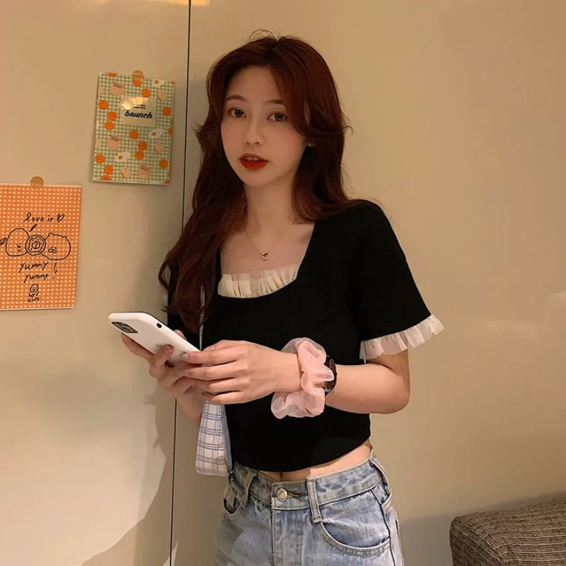 

Женский укороченный топ с квадратным вырезом, черная футболка с высокой талией и коротким рукавом, лето 2021