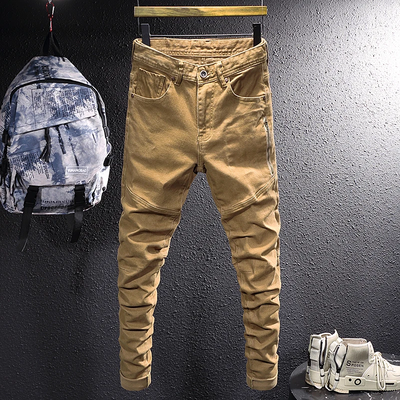 Korean Style Fashion Men Jeans Army Green Elastic Slim Fit Spliced Designer Biker Jeans Men Streetwear Hip Hop Denim Pants Homme