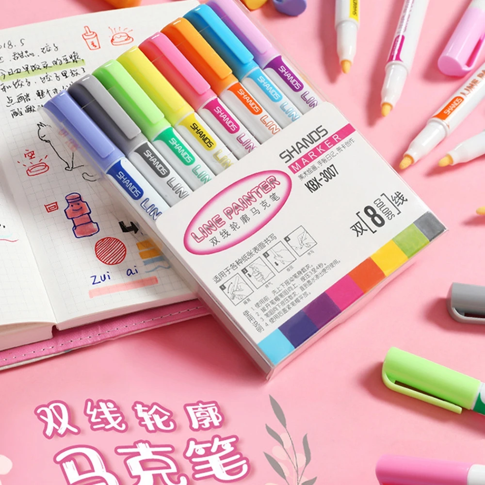 8 цветов двойной линии контур для рисования ручка цвет Скрапбукинг ручки