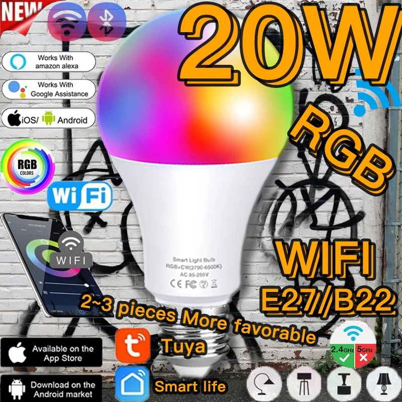

Wifi Smart Led Light Bulb Dimmable RGB Color Tuya E27 Alexa RGBCW Light Bluetooth Google Assistant APP Or IR Remote Control Lamp