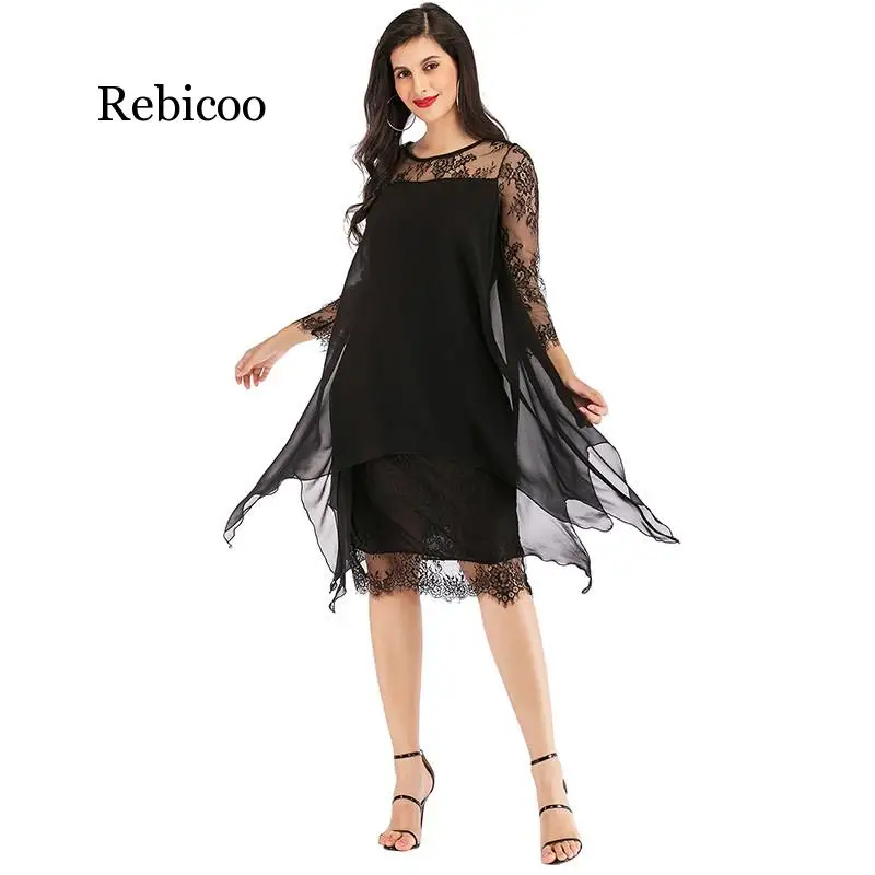 Женское шифоновое платье составного кроя кружевное свободное трапеция с круглым