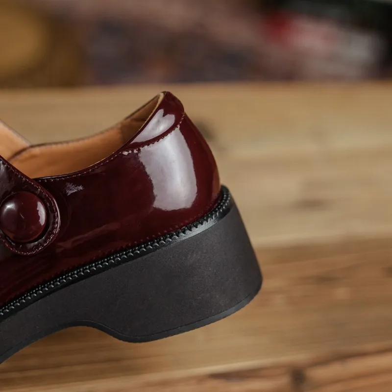 

British Style Vintage Women Pumps Mary Jane Shoes Spring Autumn Square Toe Patent Leather Chunky Middle Heels Burgundy Shoes New