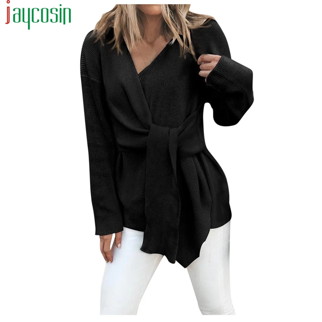 Женский свитер оверсайз с v-образным вырезом Повседневный пуловер узелком и