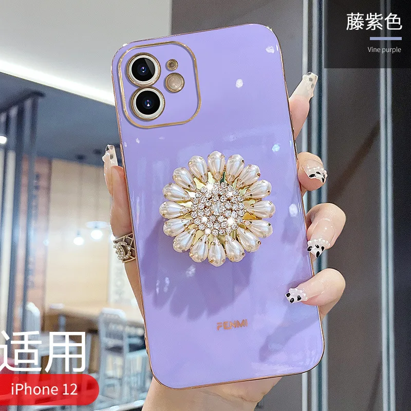 

Women pearl flower Bracket Holder Phone Case for iPhone 11 12 Pro Max Mini 7 8 Plus XR X XS Back Cover Funda Coque