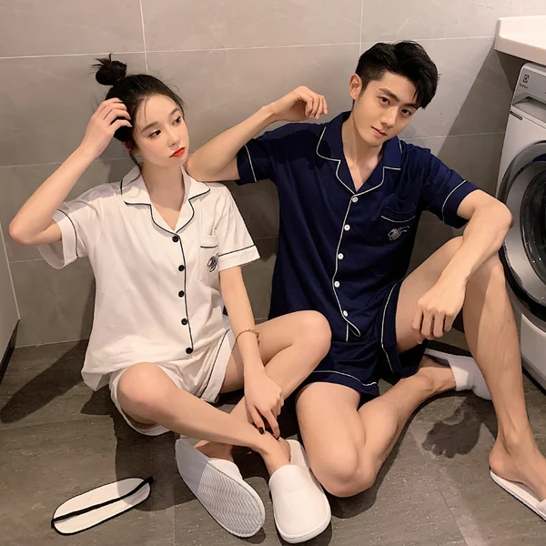 

Couple Pajamas Suit Pure Cotton Embroidery Letter Cardigan Suit Short-sleeved Sleepwear Shorts Lapel Homewear Men And Women