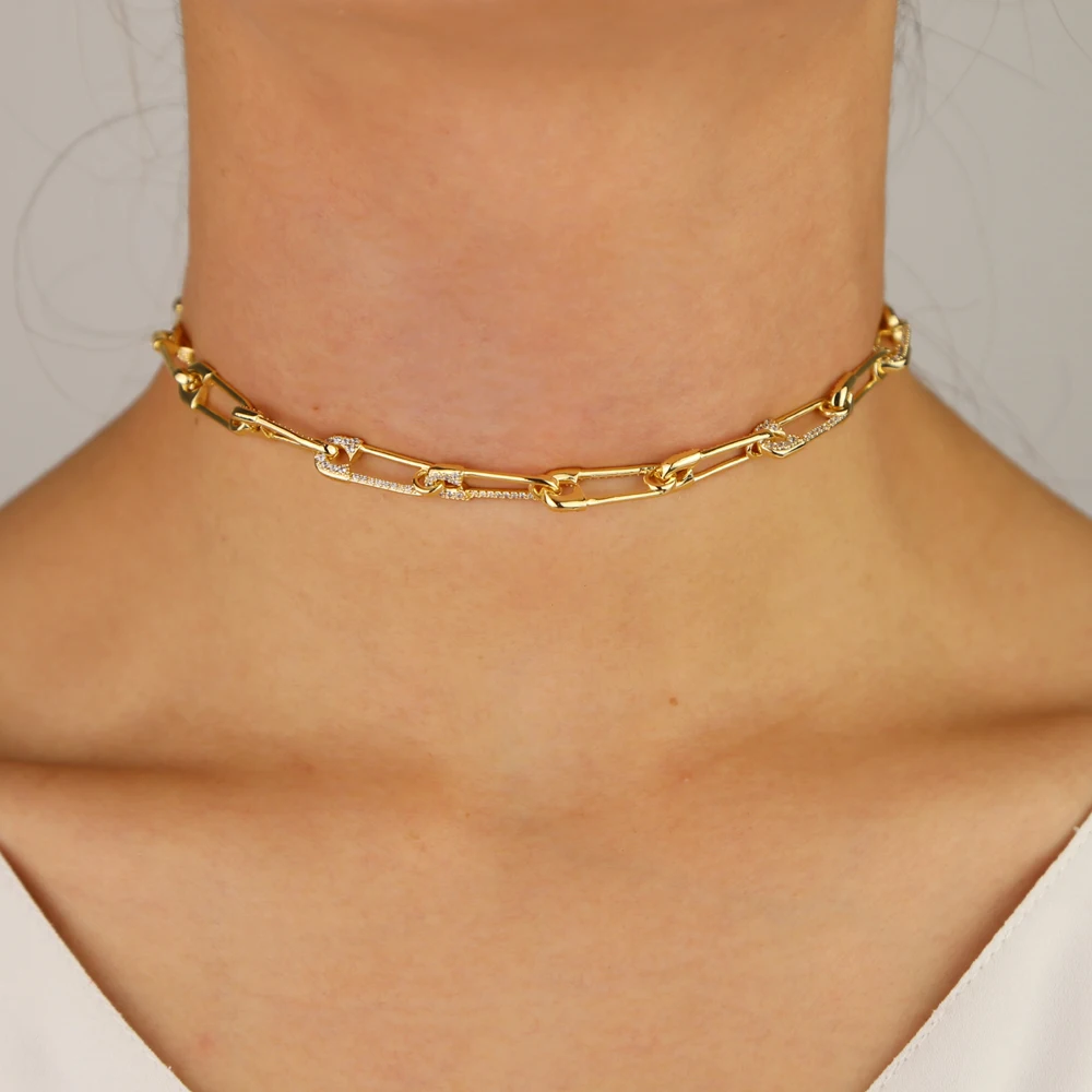 Прямая поставка ожерелье чокер золотого цвета с микрозакрепкой из фианита