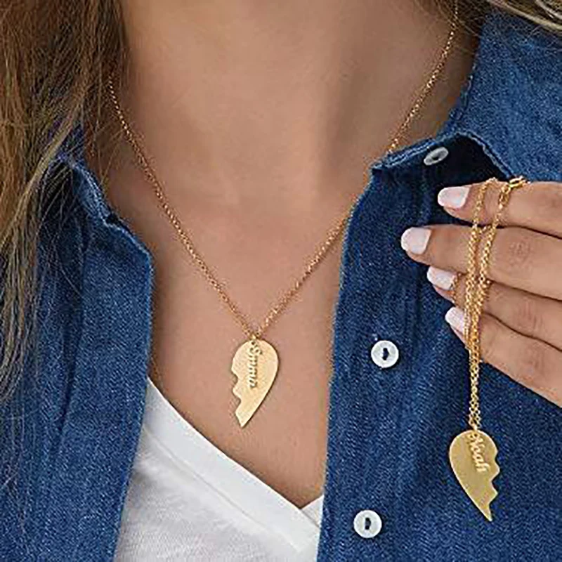 2 Best Friends Heart Couple Necklaces Women Custom Engraving Name Love Gifts for Friendship Valentine's Day present | Украшения и