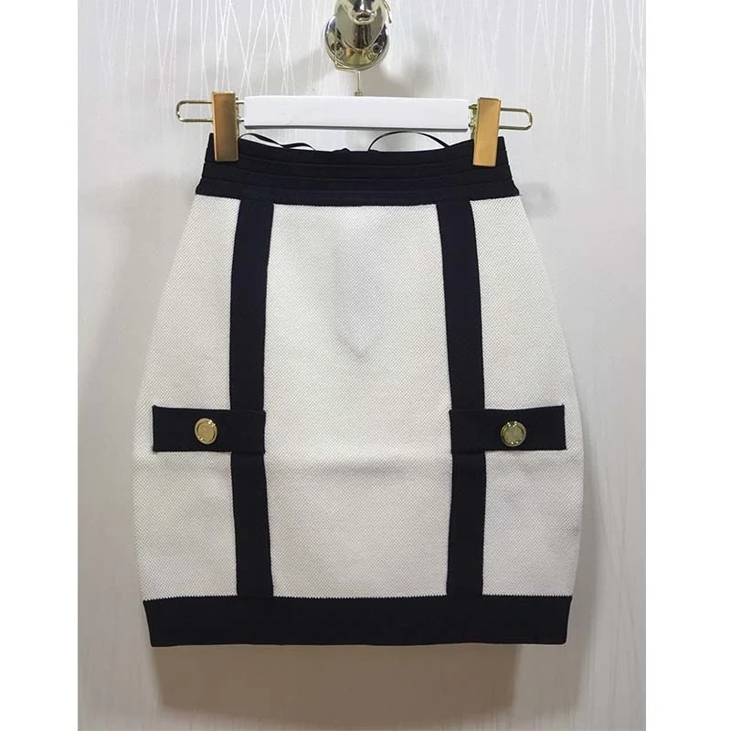 

Women's Knitting Wrap Skirt Buttock Mini Skirt With Back Zipper Black And White Gold Button Sexy Short Skirts