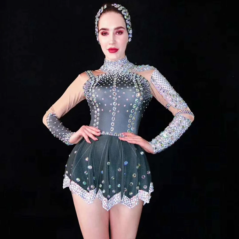 

Nightclub Rhinestones Black Dress Long Sleeves Roupa Feminina DS Dance Costume Birthday Celebrate Dress Women Singer Stage Dress