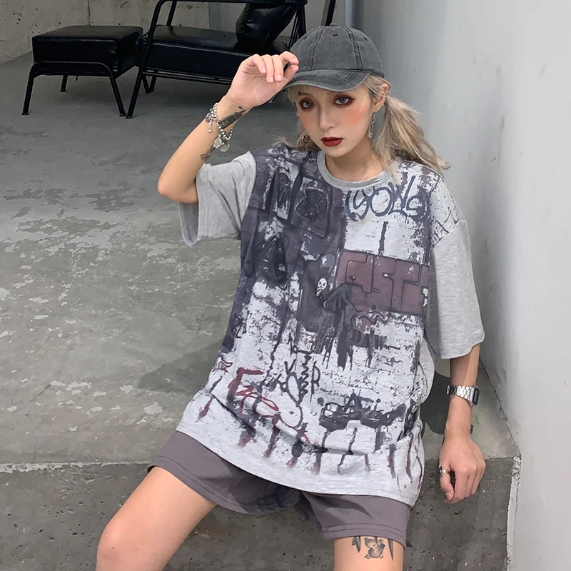 Новая женская футболка Корейская версия ulzzang с принтом граффити в гонконгском