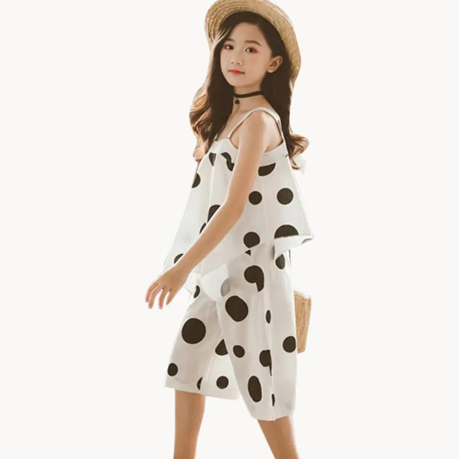 Летняя одежда для девочек жилет в горошек + шорты 2 шт. подростков Детская летняя 6