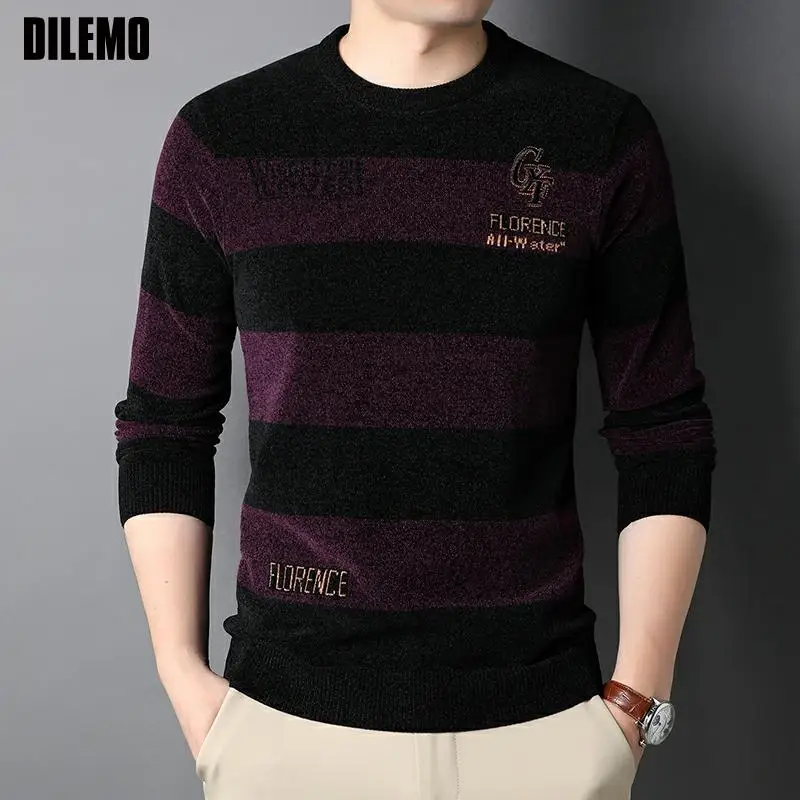 DILEMO Knit Crew Pullover Men Top Quality Thick Warm New Autum Fashion Brand Solid Striped Sweater Winter Casual Mens Clothes