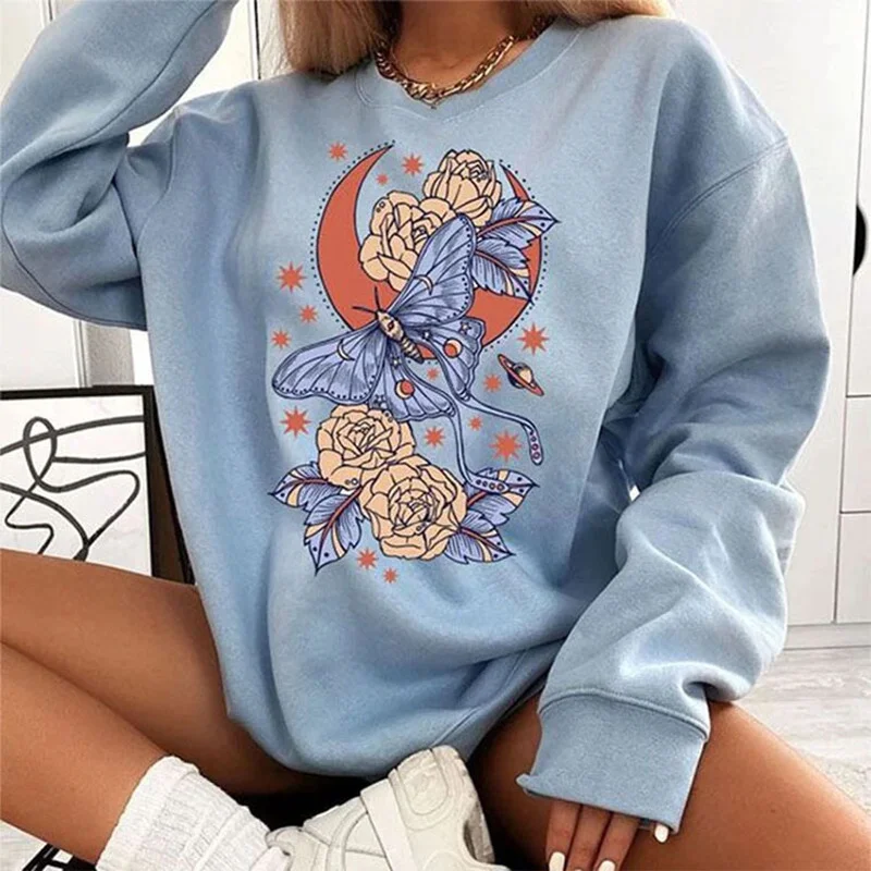 

New Butterfly Flower Print Blue Sweatshirt Women Harajuku Hoodie Fall Plus Size Long Sleeve Casual Hip Hop Sudaderas Para Mujer