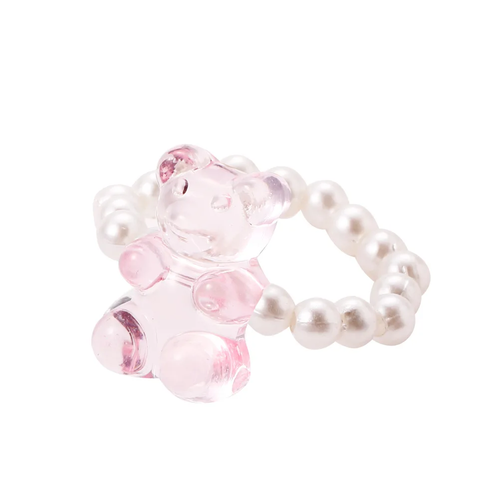 

Милые прозрачные кольца с жемчугом и медведем из смолы, креативное мультяшное эластичное кольцо ручной работы с бусинами для женщин, бижуте...