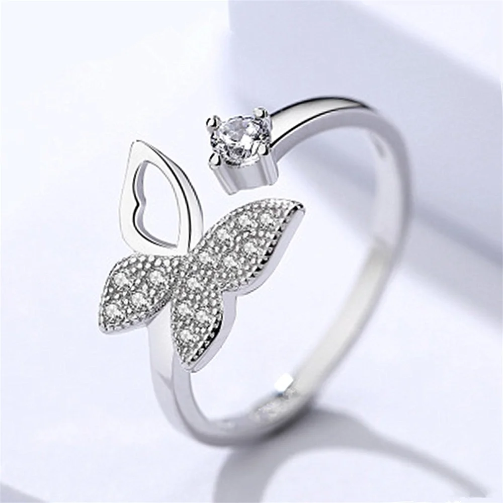 

Women Rings Silver Plated Adjustable Open butterfly Cubic Zirconia Rings Couple Wedding Rings Give Girl Gift Fashion Jewelry