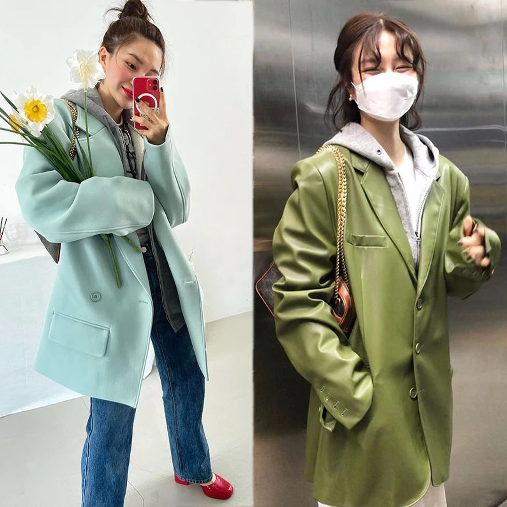 Женская кожаная куртка с воротником элегантная простая нейтральная французской