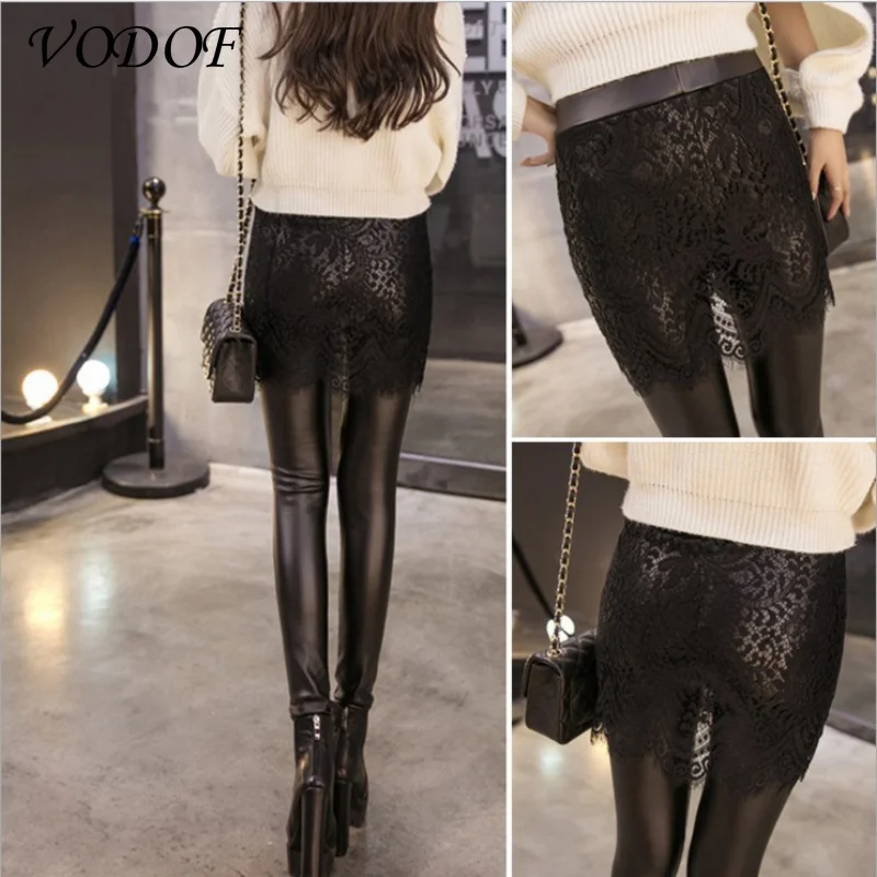 VODOF Winter Leggings Women  Warm Leggings Fake Leather Velvet Pants Stretch Skinny Sexy Thickening Black Leggings Pants