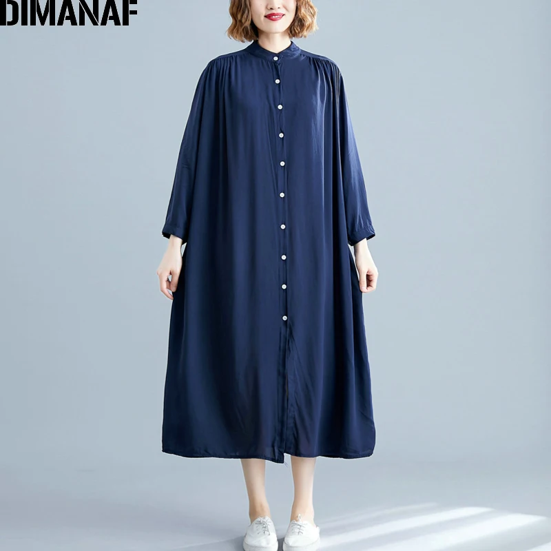 Женское Хлопковое платье с длинным рукавом DIMANAF повседневное однотонное без