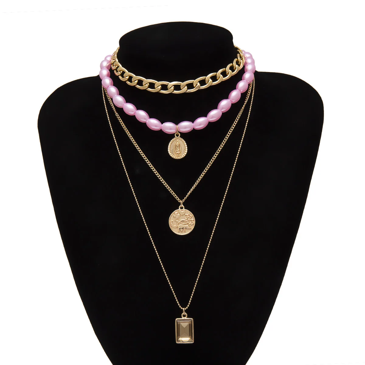 Ingemark Virgin Mary Pendant Choker Necklace Sweet White Pearls Crystal Square Golden Thick Chain Long Necklace Women Jewelry