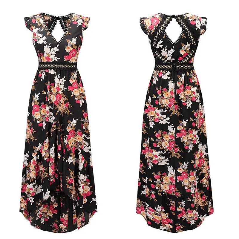 

Women Backless Irregular Boho Dress 2021 Floral Printed Long Lace Maxi Dresses Summer Deep V Trim Open Back Party Vestidos