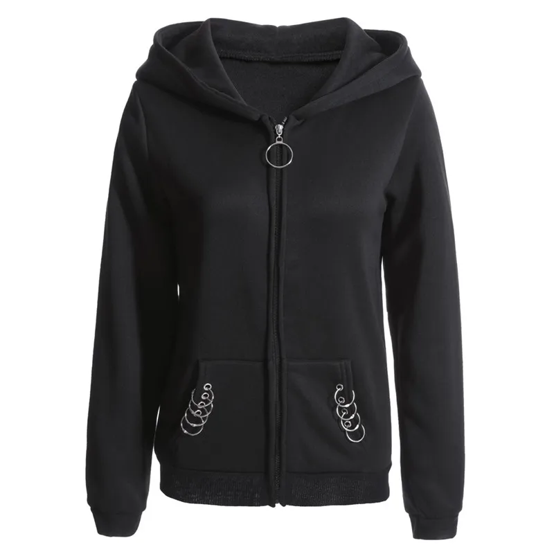 Черные женские зимние толстовки в стиле панк теплые большого размера с бархатом