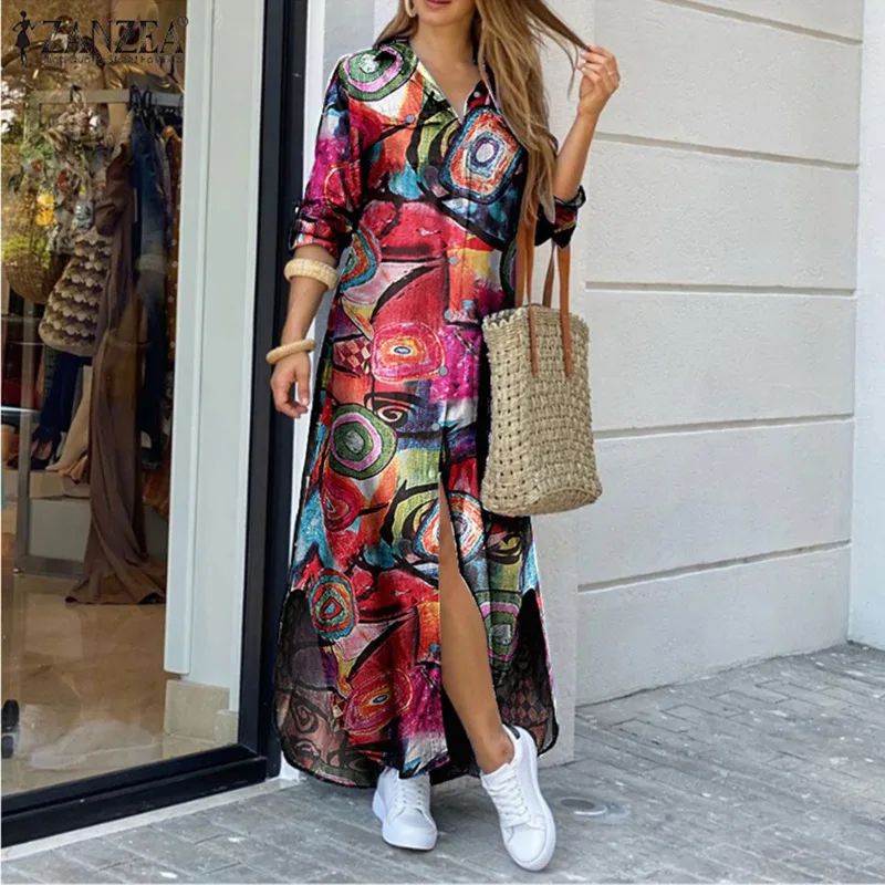 

Elegant Women Maxi Shirts Dress Casual Floral Printed Robe Longue Autumn Vintage Ladies Long Sleeve Vestidos Clothes New Spring