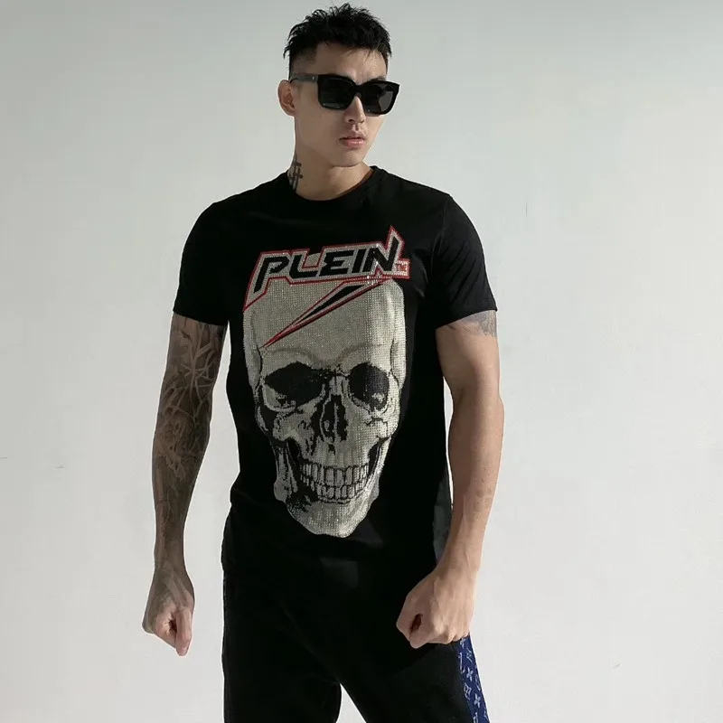 

t shirt homme crystal skulls rhinestones streetwear slim fit 100% cotton high quality black round neck men clothing