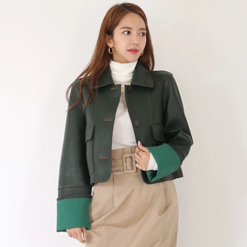 

FTLZZ New Spring Autumn Women Slim Long Sleeve Turn-down Collar Leather Jacket Casual Slim Single Breasted Pu Jacket Short Coat