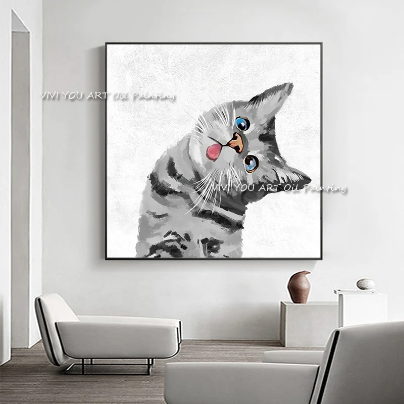 

The Loveley Cute Animal Cat Handmade Abstract Art Oil Painting On Canvas Modern Mural White Painting For Living Room Decoration
