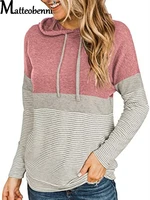 autumn winter new fashion drawstring hoodies womens sweatshirt striped patchwork long sleeve loose casual street female hooded