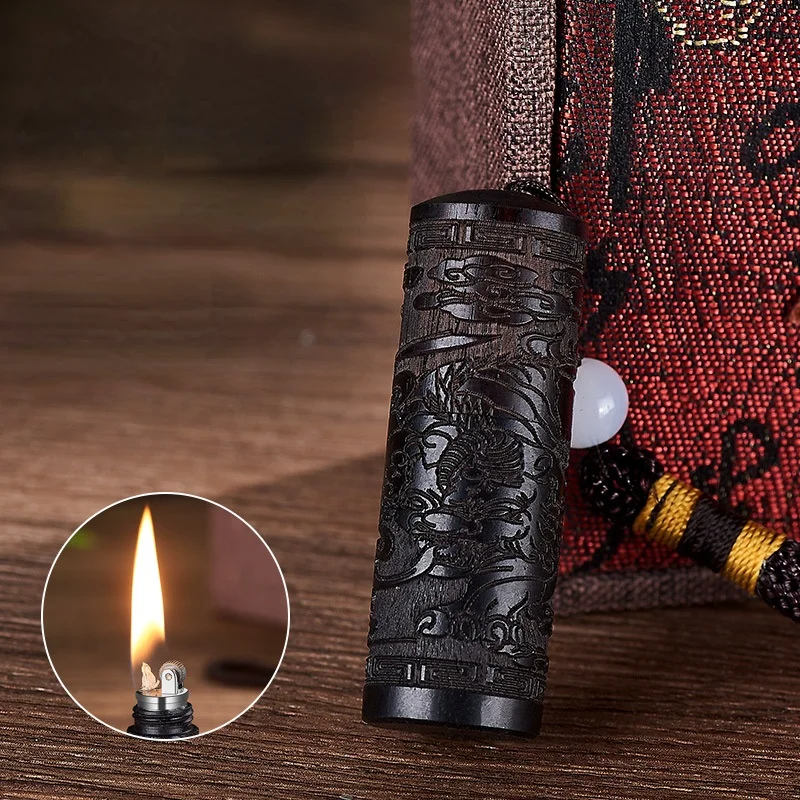 

Exquisite Short Carved Sandalwood Handle Lighter Business Gifts Grinding Wheel Kerosene Lighter Smoking Accessories for Weed