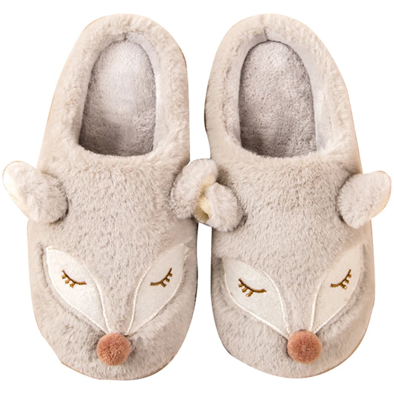 

House Cute Fox Women Fur Slippers Winter Warm Plush Bedroom Ladies Flat Shoes Indoor Memory Foam Fluffy Slippers Female
