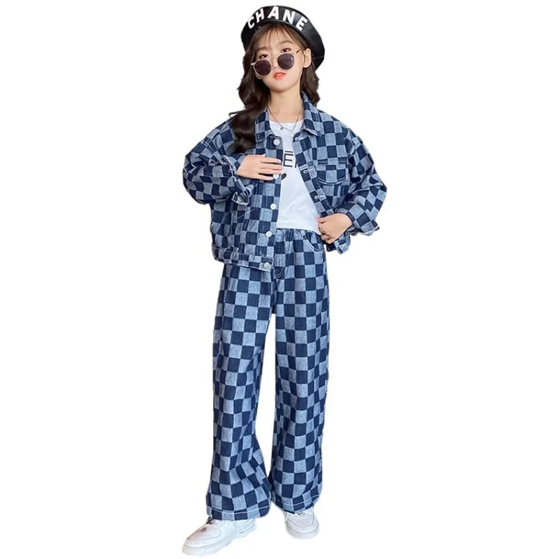 

Blue Plaid Denim Single Breasted Jacket Trousers 2pcs Clothing Sets for Baby Girls Boys Children Clothing Coat for Kids Clothes