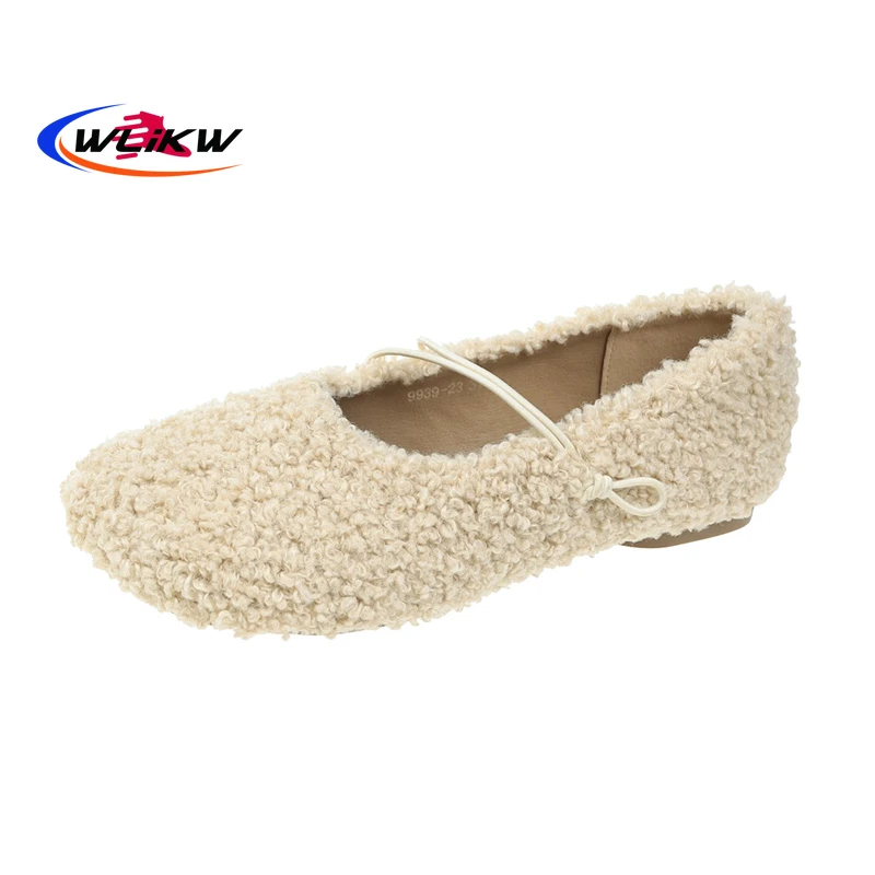 

Lambswool Furry Ballerina Ballet Shoes Women Solid Color Loafers Round Toe Moccasins Cross Elastic Band Flats Curly Fur Shoes