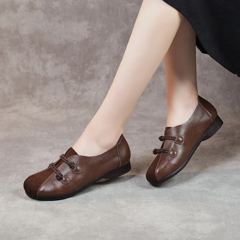 

100% Genuine Leather Shoes Women Flats Soft Comfortable Cow Leather Ladies Footwear Flat Casual Woman Shoes Black Brown A3873