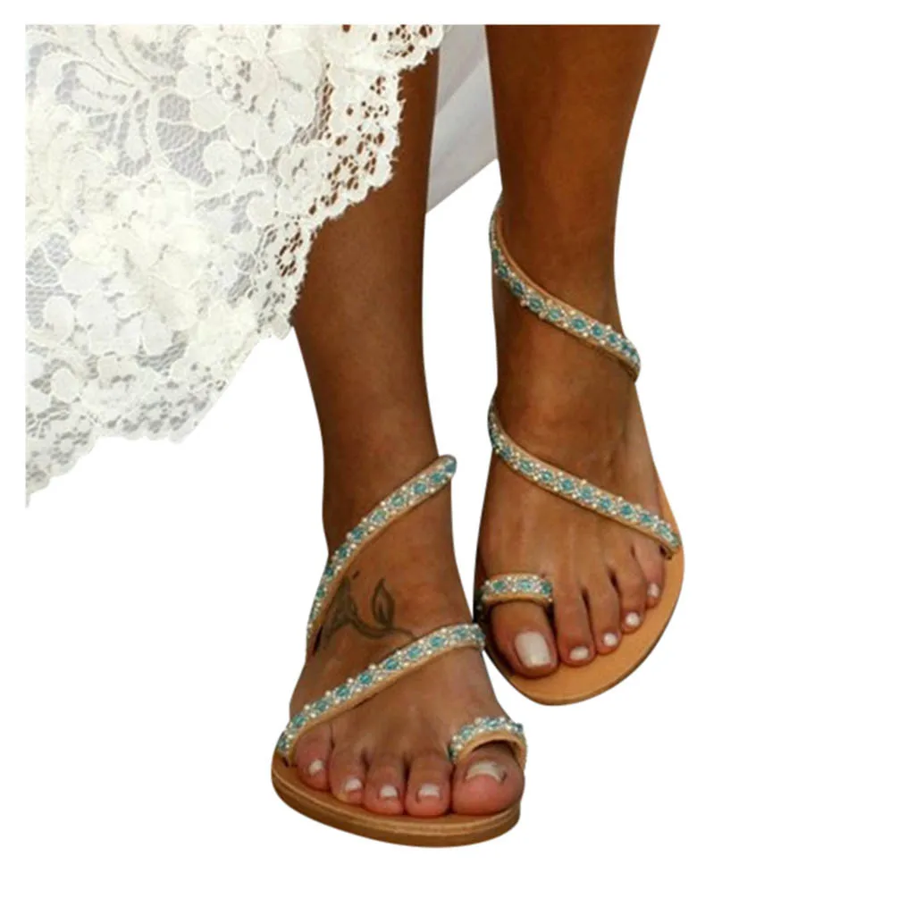 Женские сандалии в римском стиле с жемчугом и ремешками Босоножки без застежки