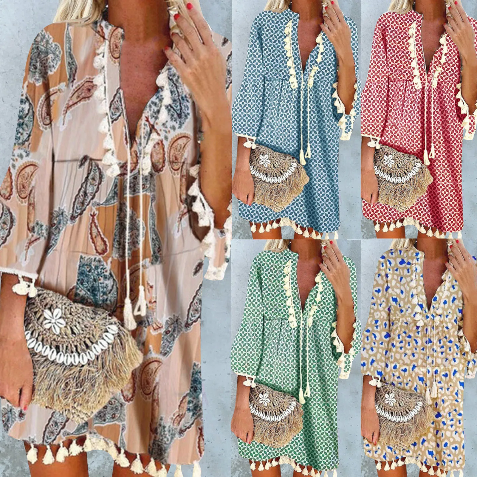 

Платье-мини женское с цветочным принтом, V-образным вырезом и длинным рукавом