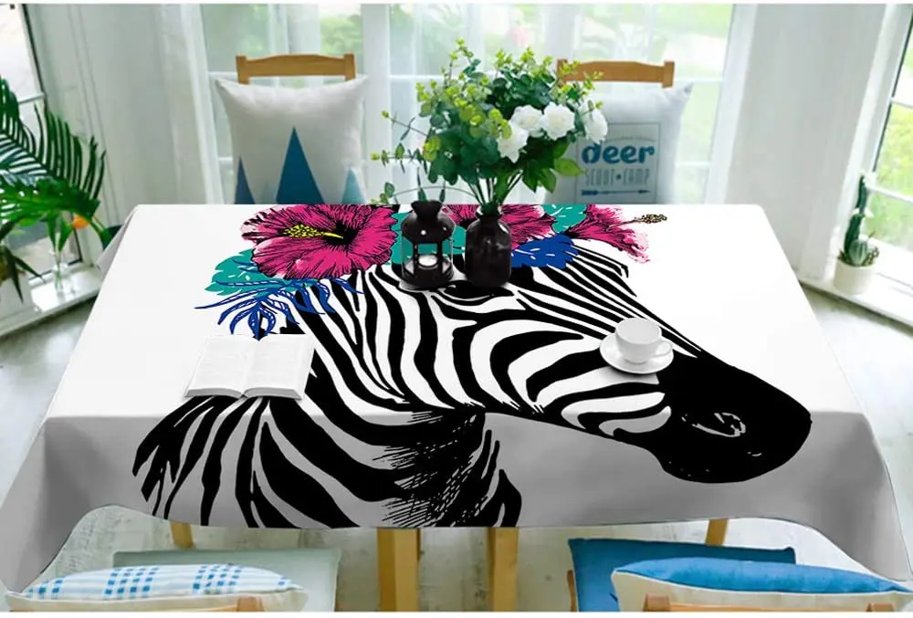 Zebra with скатерть с цветами Spring Hibiscus Смешные Африканские животные абстрактное