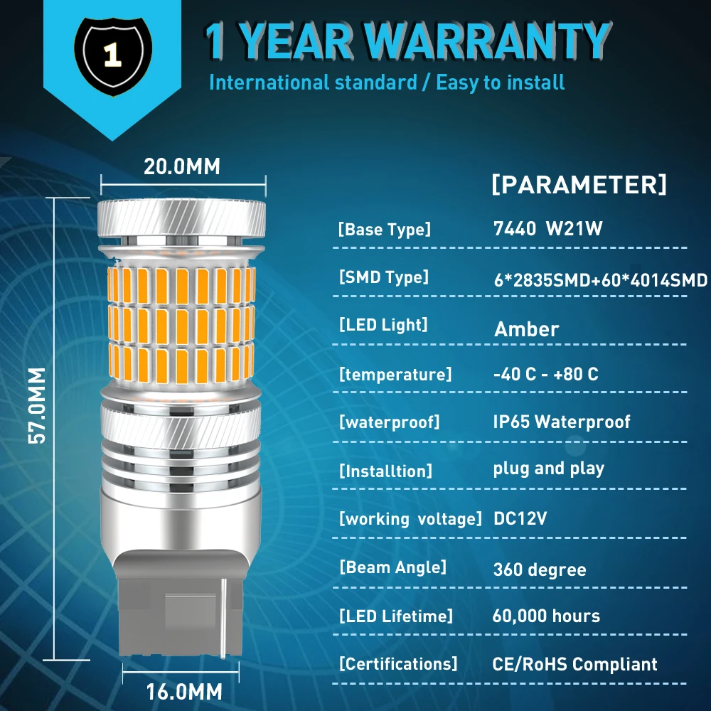 2 шт. Автомобильные светодиодные лампы T20 LED 7440 W21W S25 1156 BA15S P21W Canbus BAU15S PY21W 12 В |