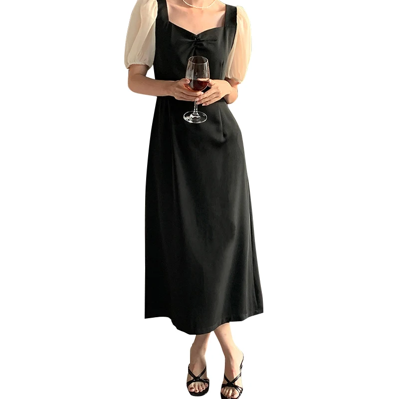 

Vintage Puff Sleeve Midi Dress Women Square Collar French Style Elegant Dresses Women 21 Summer Black Retro Dress Female CX1813
