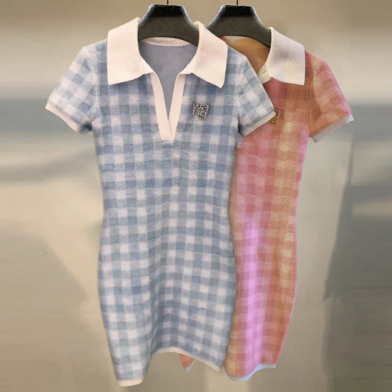 

A Wang Big King Rhinestone Waist Slimming Short-sleeved Skirt Letter Plaid Slim Dress V-neck Sexy Dress Bodycon Dress