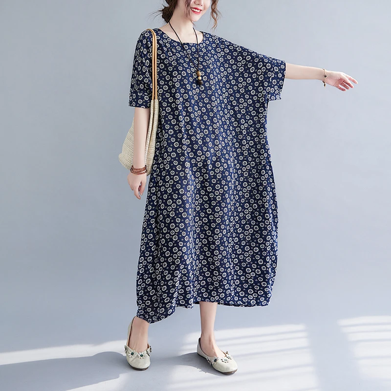 

Женское Хлопковое платье с коротким рукавом, повседневное элегантное свободное платье большого размера с принтом для матерей, лето