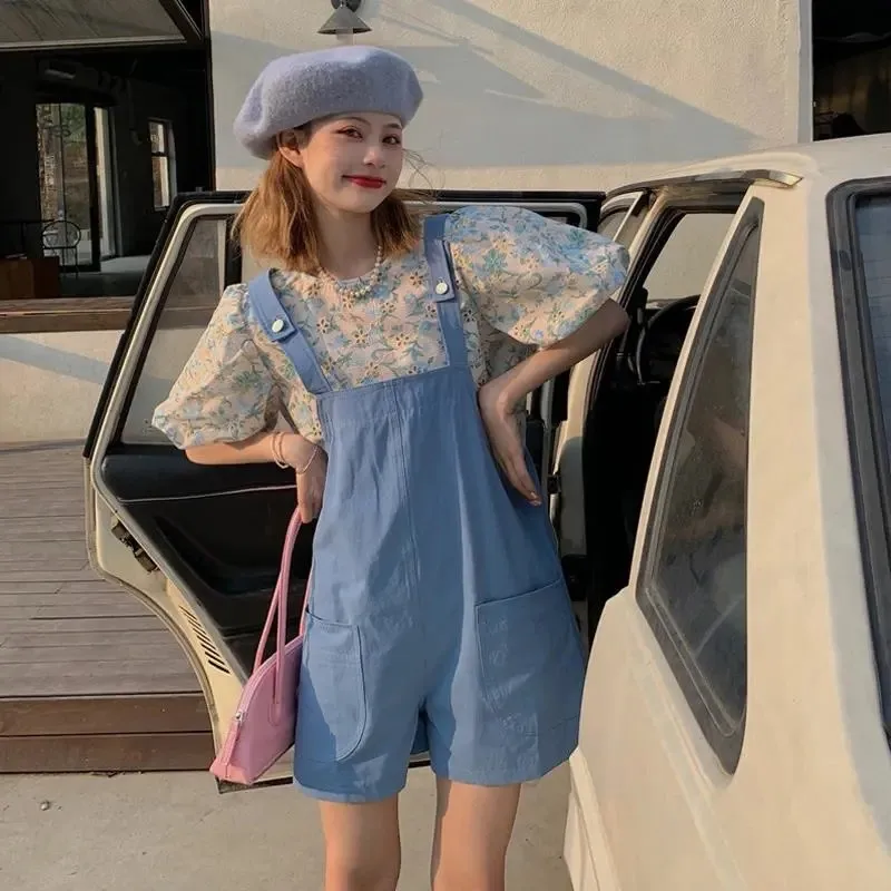 

Sweet Summer Solid two piece womens Lovely O-Neck Printinghalf Puff Sleeve top+Knee Length Overalls Fashion Casual plus size set
