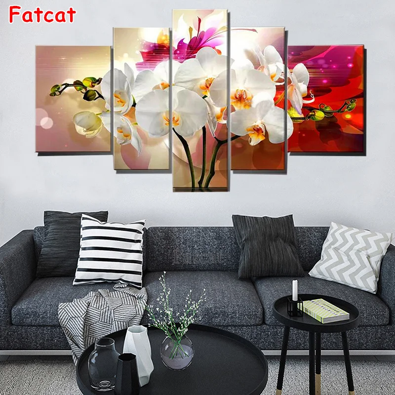 

beautiful white orchid 5d Diy Diamond Painting Cross Stitch Full Square Round Mosaic Diamond Embroidery flower 5 pcs art PP1325