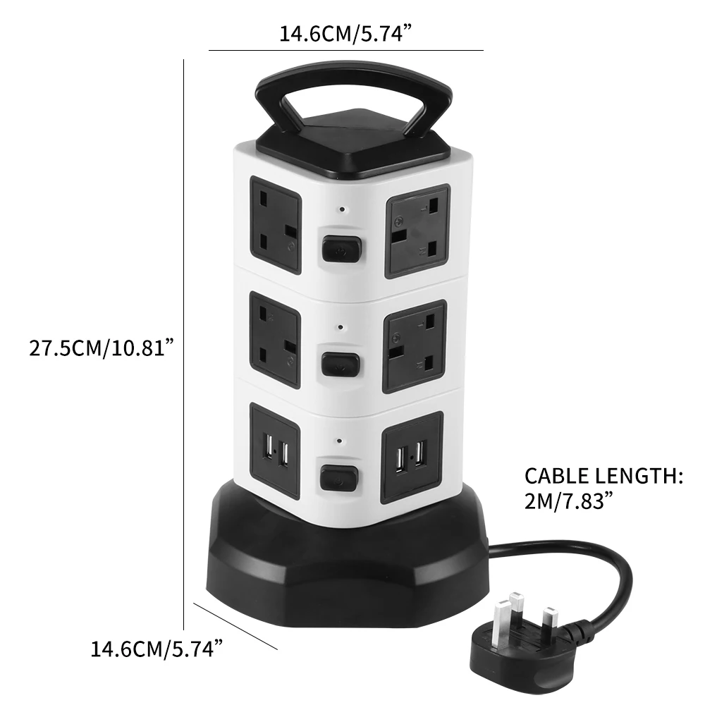

Vertical Power Socket Power Charging Station UK Plug Outlets Sockets with USB Surge Protector Circuit 2m Extension Cord