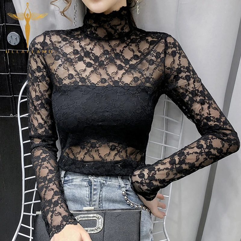 

Lace Turtleneck Base Tops Women's T-Shirt Sexy See-Through Long Sleeve Skinny Tshirt White Mesh Street Elegant Female t Shirt
