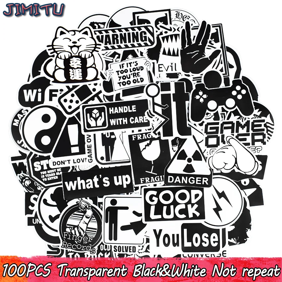 

100 PCS Transparent Sticker Toys for Children Black and White Graffiti Stickers Scrapbooking Laptop Luggage Skateboard Bike