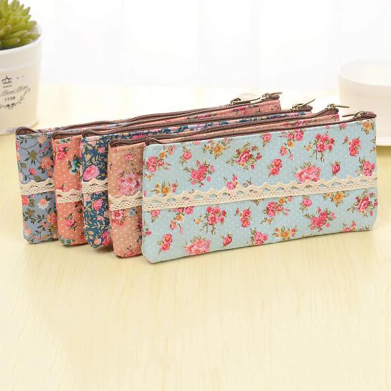 Пенал тканевый большой с цветочным рисунком креативный милый чехол для ручек и